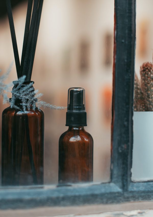 Window with plants and cleaning products behind the pane